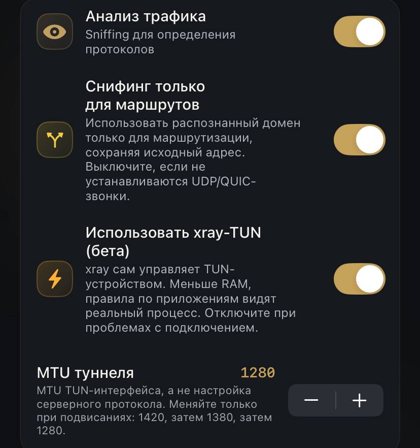 Скриншот INCY: анализ трафика, sniffing только для маршрутов, xray-TUN и MTU 1280